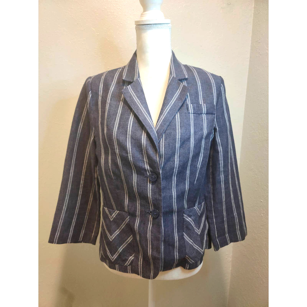 Cabi linen two button denim blue & white striped blazer